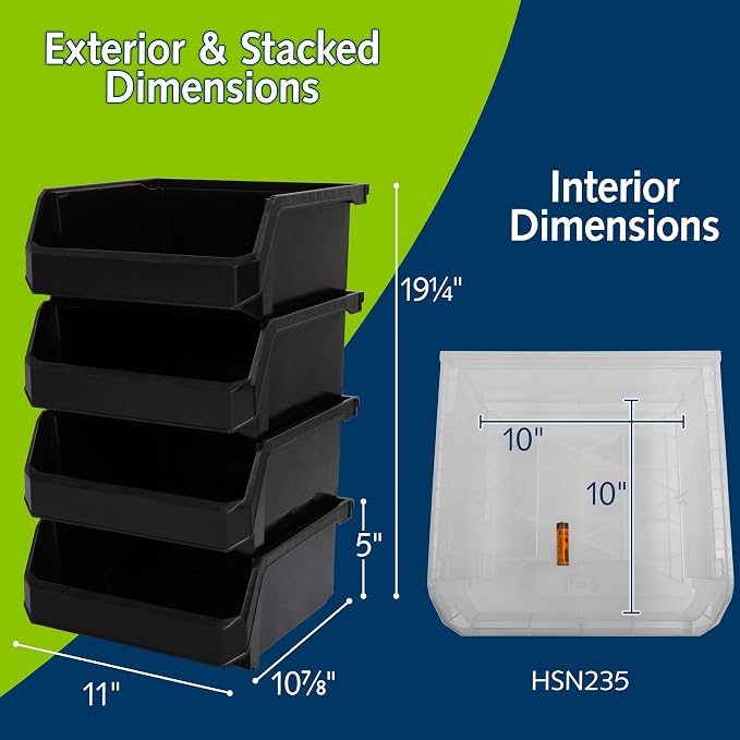 Medium-Wide Stackable Plastic Storage Bins, 4-Pack, Black | Open-Front Stackable Bins For Garage, Pantry, Closet & Office, 11"L X 11"W X 5"H, Nests When Empty, Durable Plastic - Image 2