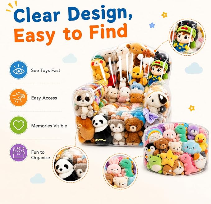 Clear Stuffed Animal Storage Bean Bag Chair Cover for Kids with Zipper | Transparent Waterparoof Wipe Clean Thicker PVC, Holds 180+ Stuffed Animals, Double Zipper for Plush Toys Storage & Organizing - Image 3