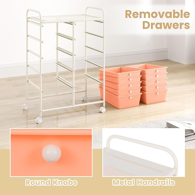 Moccha Rolling Cart with 10 Drawers - Under Desk Storage Drawers with wheels for Craft Art Supply Paper Salon, Under Desk Cabinet on Wheels, Multipurpose Movable Utility Cart for Classroom - Image 6