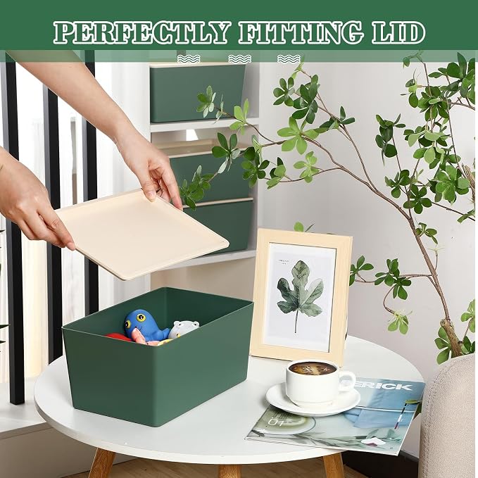 4 Pcs Storage Bins with Lids, Green, Small | Plastic Stackable Organizing Containers, Heavy Duty Storage Boxes for Classroom Room Shelves, Christmas Ornaments Baskets - Image 5