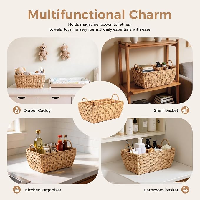 Baby Diaper Caddy Organizer, Handwoven Nursery Basket Changing Table Organizer Natural Water Hyacinth Storage Basket for Nursery Bathroom Kitchen Shelves Office Supplies Organization (Natural, XL) - Image 6