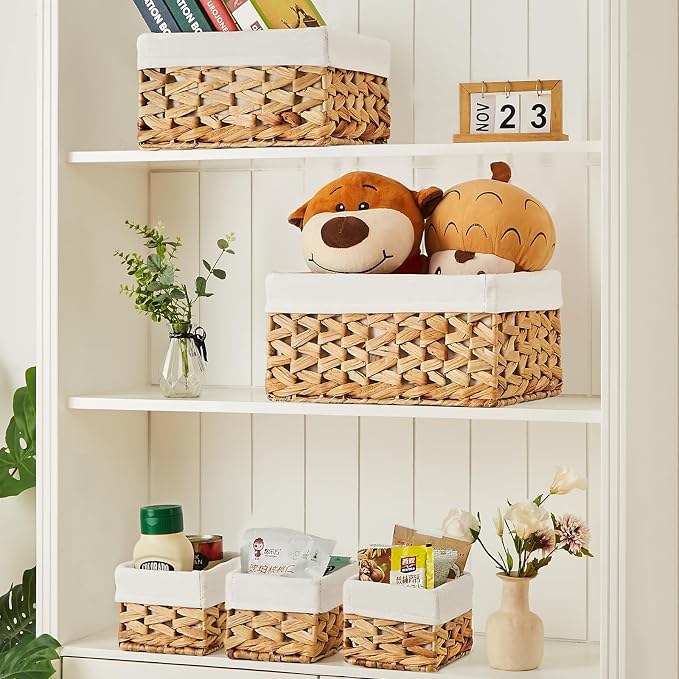 Wicker Storage Basket, 5 Pack Baskets for Organizing, Water Hyacinth Storage Baskets, Rectangular Wicker Baskets for Storage Shelves, Cube Storage Bins For Closet/Clothes/Dresser - Image 3