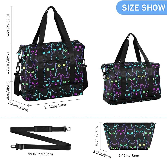 Travel Duffel Tote Colorful Neon Cat Sports Bag With Wet Pocket - Weekender Overnight for Women Men Gym, Carry On, Hospital for Labor and Delivery - Image 2