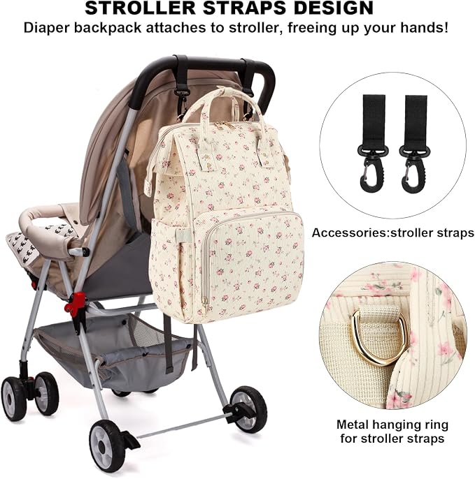 Corduroy Diaper Bag Backpack for Baby Girls Boys, Women Large Nappy Bags for Mom (Beige Corduroy Flowers Pink) - Image 6