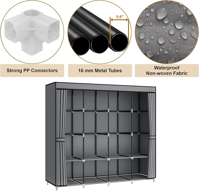 67" Portable Wardrobe Closet for Hanging Clothes, 8 Shelves 4 Rods & Cover | Non-woven Fabric Cover, 4 Clothes Hanging Rods, 8 Storage Shelves, Grey - Image 4