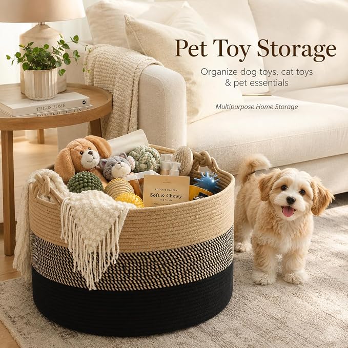 KAKAMAY Large Blanket Basket (20"x13"),Woven Rope Baskets for storage Baby Laundry Hamper, Cotton Rope Blanket Basket for Living Room, Laundry, Nursery, Pillows,Baby Toy chest (Jute/Black) - Image 4