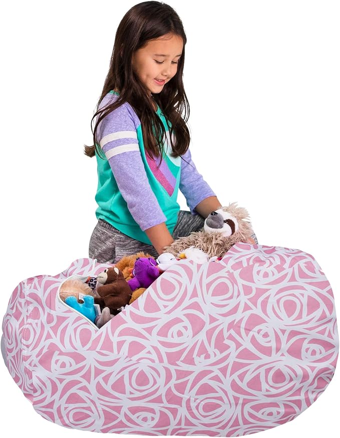 Posh Creations Kids Stuffed Animal Storage Bean Bag Chair Cover - Childrens Toy Organizer, Large-38in, Canvas Roses Pink - Image 5