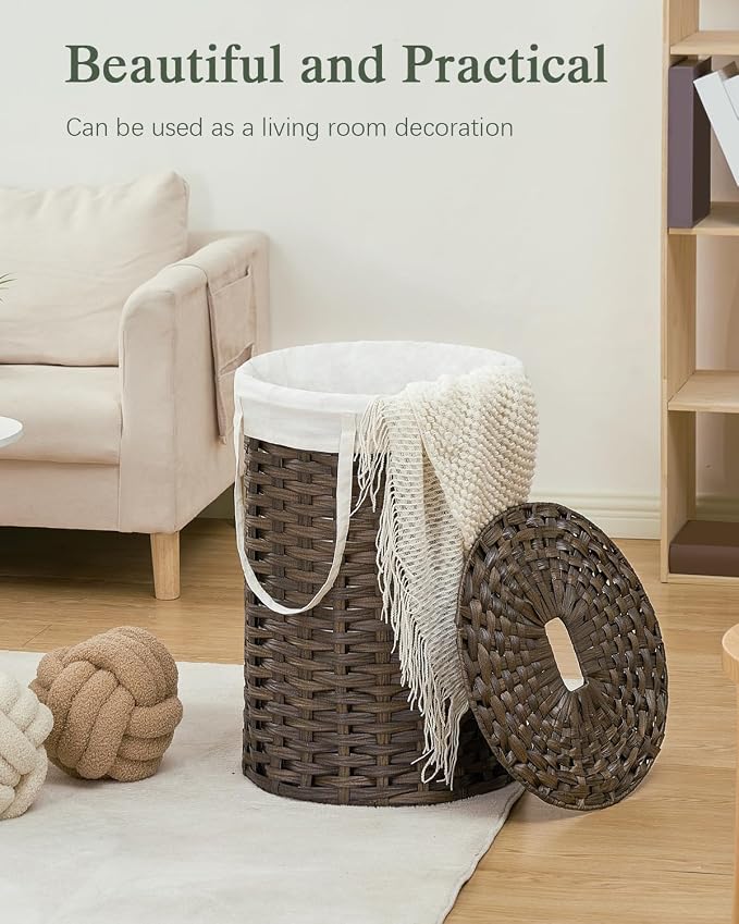 SETVSON Laundry Hamper with Lid, 19.0 Gal (72 L) Round PE Rattan, Brown | 72L Woven Hamper with Lid, Removable Washable Liner Bag, 2 Mesh Laundry Bags, Strong Steel Frame, Foldable Long Handles - Image 7
