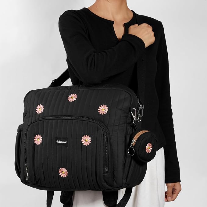 Diaper Bag Backpack with Changing Pad - Travel Baby Bag, Insulated Bottle Pockets, Stroller Straps (Medium - Black Flowers) - Image 6