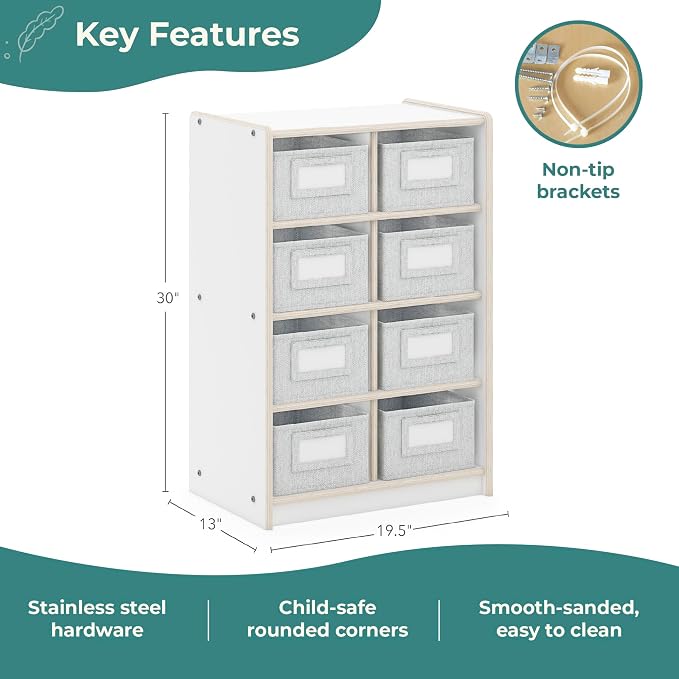 Guidecraft EdQ Cubby Toy Storage Organizer w/ 8 Fabric Bins - White: Wooden Organizer Cabinet for School and Home, Teacher's Book Cubby and Toy Shelf | Kids Toy Organization for Playroom and Bedroom - Image 2