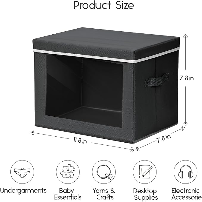 Storage Bins with Lids - Small Fabric Organizers with Window, Collapsible Storage Bins for Clothes, Decorative Closet Organizers for Towels, Tshirt, 4 Pack, Black - Image 2