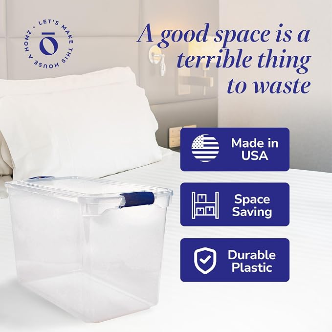 HOMZ Clear Plastic Storage Bins w/Latching Lid, 112 Qt, Blue Latch, 2 Pack | Stackable Organizing Containers for Home, Garage, and Office - Image 5
