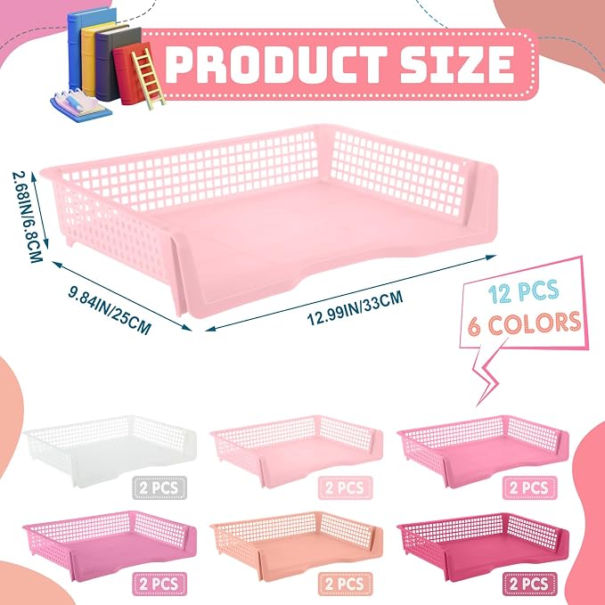 Teenyyou Set of 12 Colorful Turn in Trays Classroom Plastic Stackable Paper Tray Classroom Teachers Desk Organizer Bin for Office Home Teachers Organization and Storage, 9 x 13 x 3 Inches (Pink) - Image 2