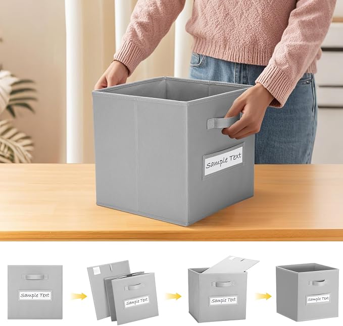 11x11 storage cube bins (Set of 10) Foldable Fabric storage cubes with 10 Labels Window Cards & a Pen,11 inch cube storage bin,Closet Organizers for Shelves,Cubby Organizer Boxes,Light Grey - Image 4