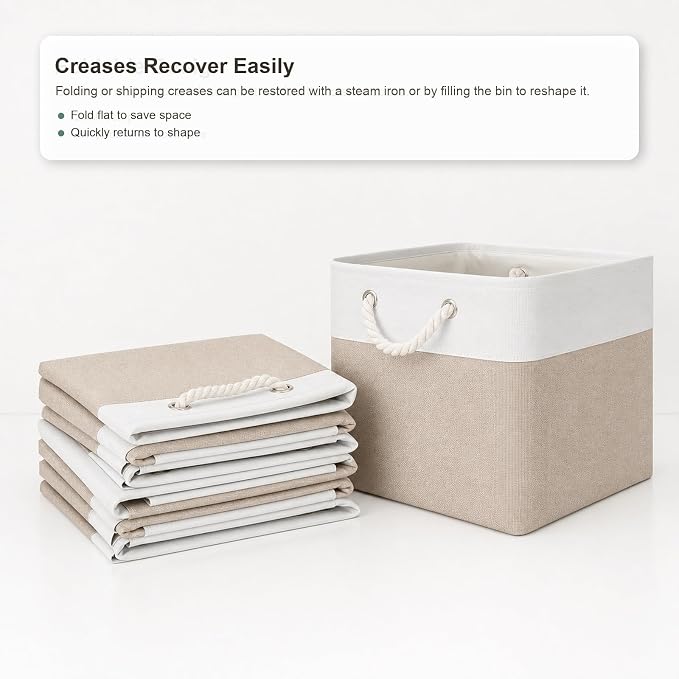 11x11 Inch Cube Storage Bins, 8 Pack Collapsible Fabric Storage Cubes with Rope Handles, Waterproof Foldable Storage Baskets for Cube Shelves, Closet, Clothes, Toys, Books, White & Beige - Image 5