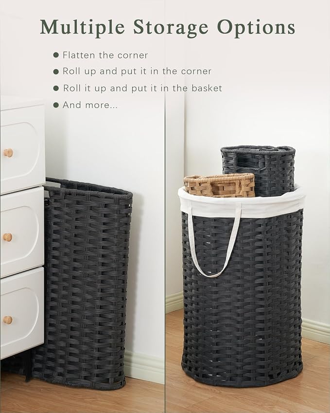 SETVSON Large Laundry Hamper Laundry Basket Round 130L, Black | Decorative PE Rattan Furniture Look for Bedroom, Round Laundry Hamper, Removable Liner Bag, 2 Mesh Bags, Handles - Image 5