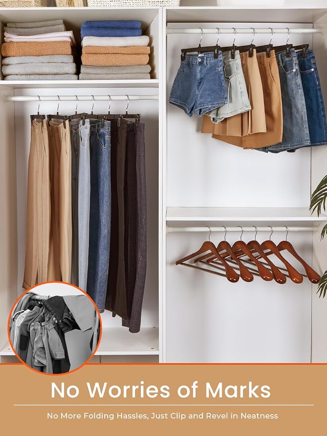 HOUSE DAY Black Pants Hangers with Clips 100 Pack, 10 Inch Skirt Hangers | Non-slip clips hold folded pants, skirts and kids' clothes; 360° swivel hook and compact design fit dorms and small closets - Image 5