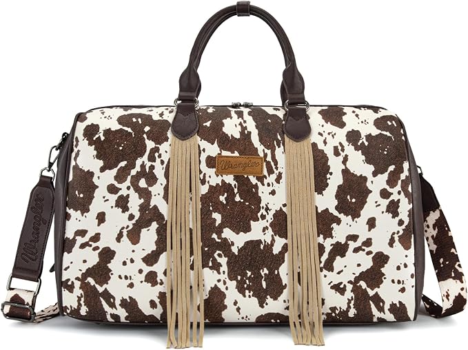 Wrangler Rustler Wildside Cow-Print Weekender Duffel Bag Large Carry On Bags with Tassels, Coffee by THEOFFICIALMONTANAWEST