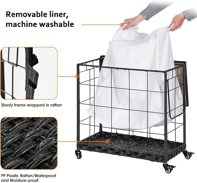 132L Laundry Hamper with Lid, 3-Section Laundry Basket with Rolling Wheels | 3 Laundry Compartments; Lockable Rubber Casters; Adjustable Metal Handle; Reinforced Steel Frame; Machine-Washable Liner Bag - Image 6