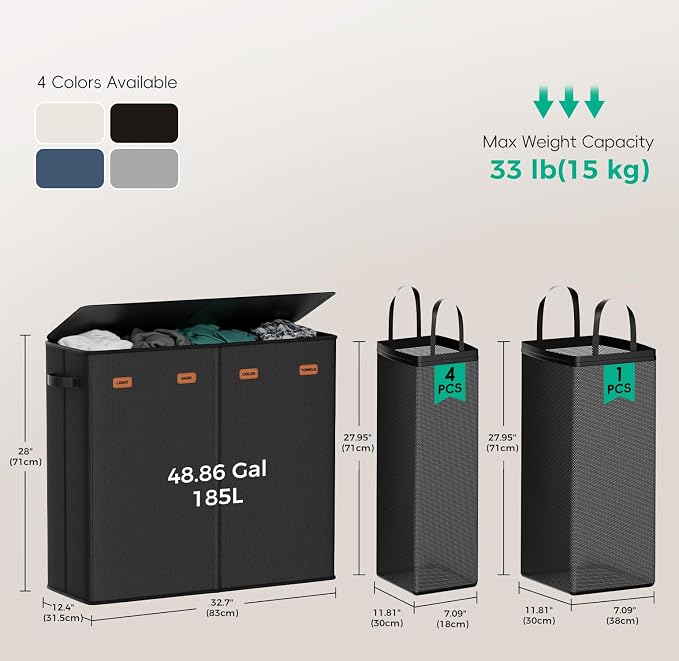 185L Laundry Hamper 4 Section with Lid & Removable Bags | Collapsible laundry basket organizer for laundry room, bedroom & dorm with 5 removable washing bags - Image 5