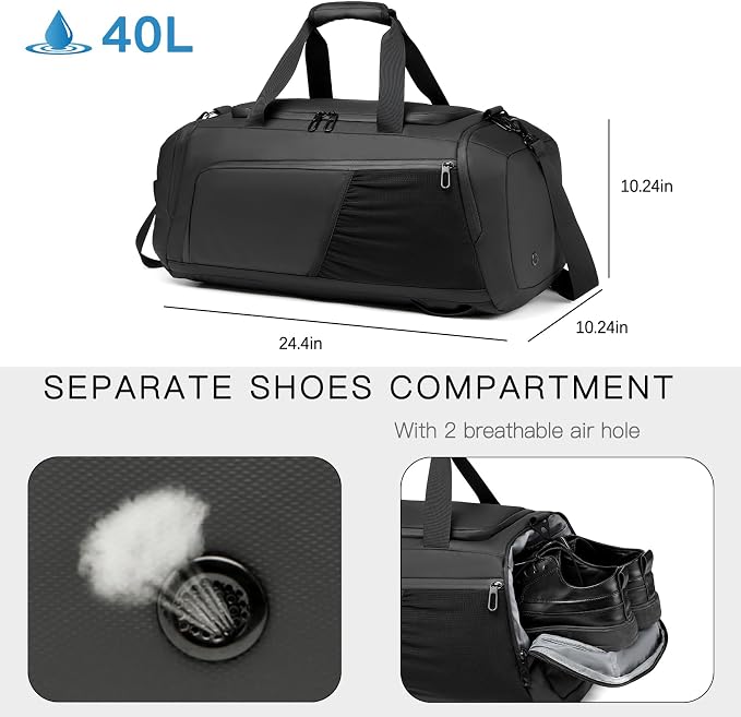 Gym Bag for Men with Shoes Compartment - 40L Duffle Bag for Travel with Wet Pocket & Laptop Compartment,Waterproof Carry On Sports Bags Gym Backpack with Water Bottle Holder - Image 2
