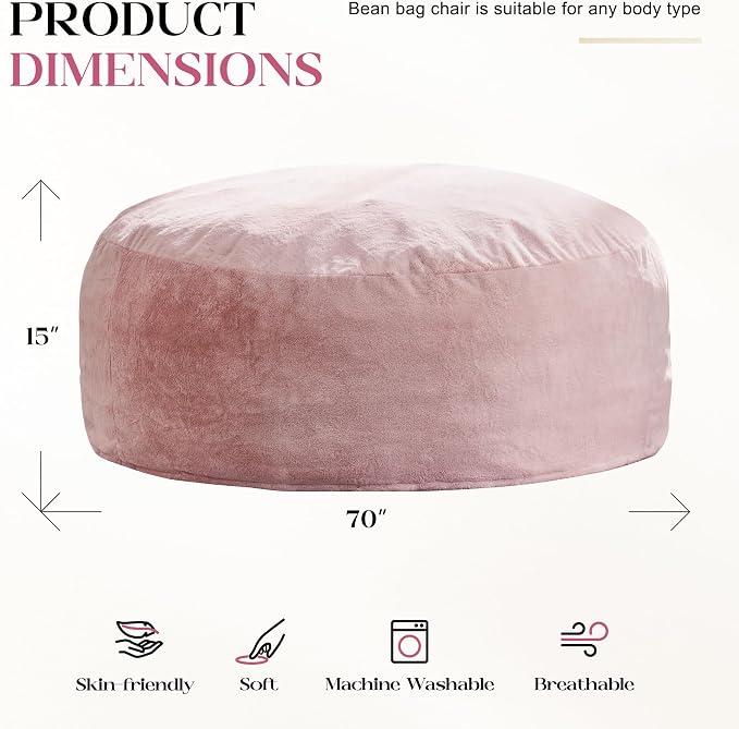 Hobestluk Bean Bag Chair for Adult Giant Beanbag with Filler Pink 6FT | Breathable Material Removable Machine Washable Cover Memory Foam Living Room Bedroom Reading Gaming Oversized Large Big - Image 2