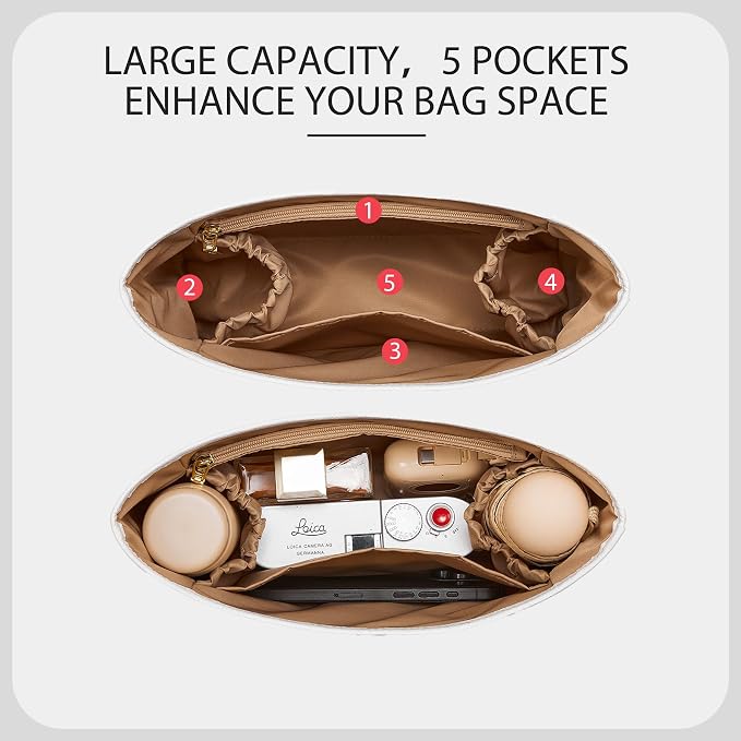 Tyvek Purse Organizer Insert for Coach Brooklyn 28 Shoulder Bag | Waterproof Bag Insert, 5 Pocket Storage, Elastic Bottle Holder, Zipper Pocket, Tote Bag Dividers, Everyday Use, White Maple - Image 4