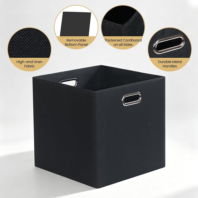 13x13 Storage Cubes Basket Containers for Shelf Cabinet Bookcase Boxes | Foldable Fabric Cube Storage Boxes with 2 Handles, Ideal for Shelves, Closets, and Clothes, Set of 4 (Pure Black-1200D) - Image 3