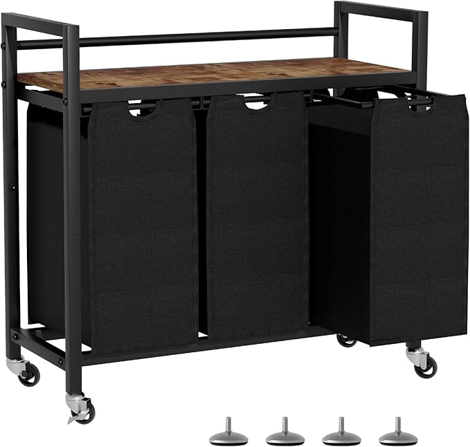 SwaaVee Laundry Sorter, Laundry Hamper 3 Section, 3×11.4Gal, Metal Frame Rolling Laundry Basket with Wooden Top Shelf, Pull out and Removable Laundry Bags, 3 Bags-Black by SwaaVeeYourBestOrganizingHelper