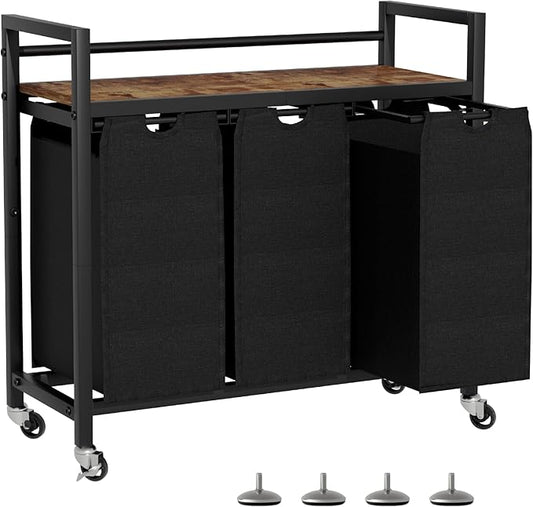SwaaVee Laundry Sorter, Laundry Hamper 3 Section, 3×11.4Gal, Metal Frame Rolling Laundry Basket with Wooden Top Shelf, Pull out and Removable Laundry Bags, 3 Bags-Black by SwaaVeeYourBestOrganizingHelper