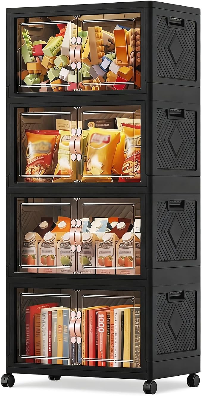 Collapsible Storage Bins with Lids&Wheels-252QT(63Gal) | Stackable Plastic Containers with Doors,Heavy-Duty Foldable Organizer Bins for Home,Office,Books,Black,4-Pack by Unknown