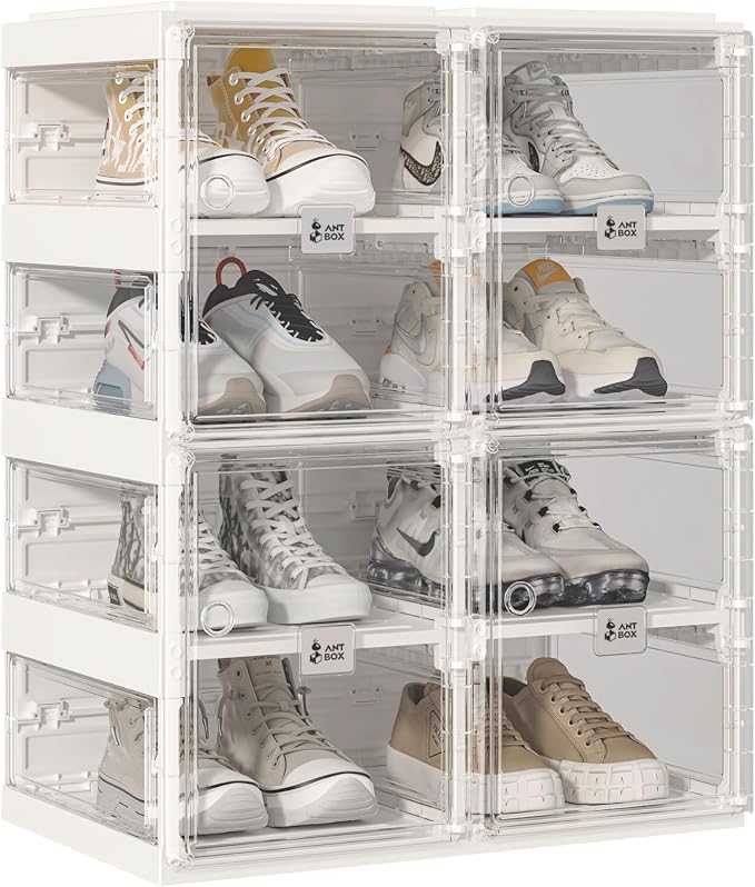 ANTBOX Foldable Shoe Rack,Shoe Organizers for Closet Plastic Shoe Storage Box Space Saving For Entryway, Large Sturdy Stackable Sneaker Cabinet Bins With Magnetic Clear Door 4 Tiers 8 Pairs by ANTBOX