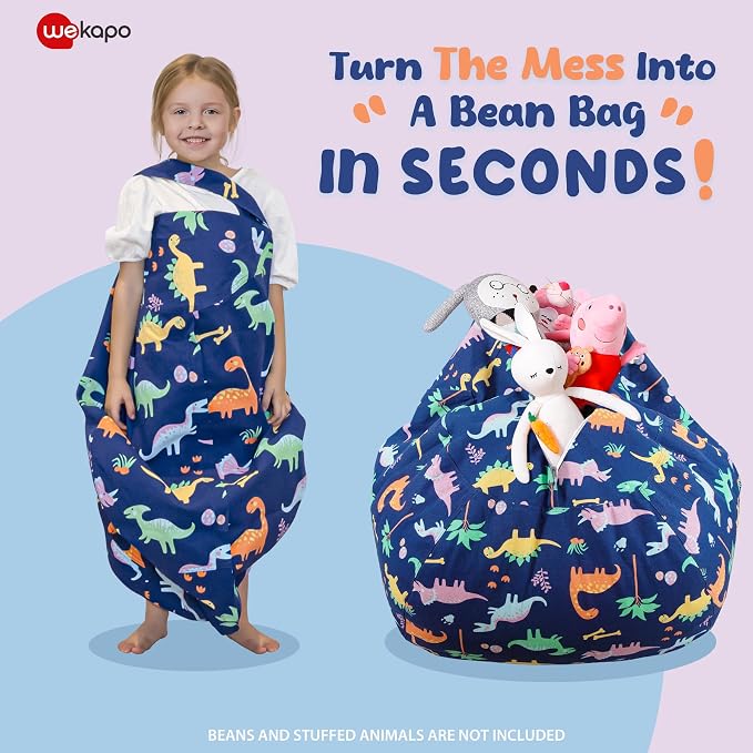 WEKAPO Stuffed Animal Storage Bean Bag Chair Cover for Kids | Stuffable Zipper Beanbag for Organizing Children Plush Toys Large Premium Cotton Canvas (Dinosaur, XX-Large) - Image 3