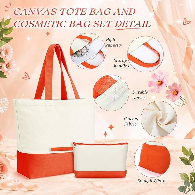 Sanwuta 30 Pcs Canvas Tote Bags Bulk with Zipper Cosmetic Pouch,Orange | 18.5" Reusable Cotton Shopping Bag with Handle for DIY Craft - Image 4