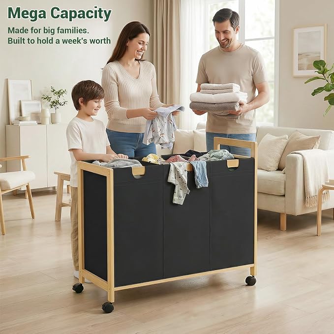 250L Laundry Sorter Cart with Wheels, 3-Section Rolling Laundry Basket with Removable Bags, 66 Gal Large Laundry Hamper Organizer, Heavy Duty Bamboo Frame, Water-Resistant, Black - Image 3