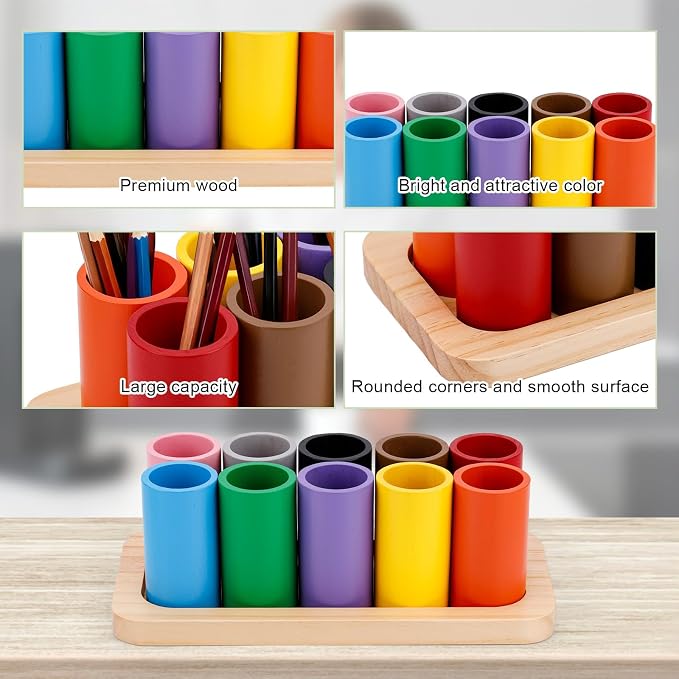 Wooden Colored Pencil Holder, Crayon Storage Organizer | with 10 Movable Compartments Pen Cups Holder for Kids Desk Office Home School Supply - Image 4