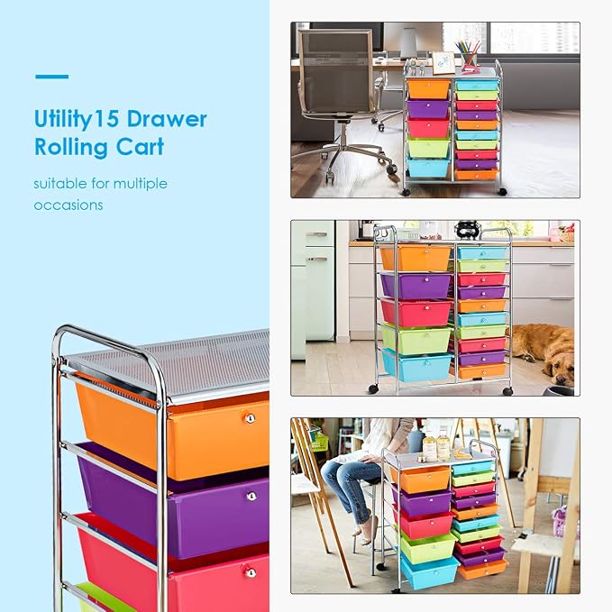 RELAX4LIFE 15 Drawer Rolling Storage Cart, Mobile Drawer Carts for Craft Art Supply Paper Salon, Utility Cart on Wheels for Classroom Teacher School Office, Rolling Cart with Drawers (Multi-Color) - Image 6
