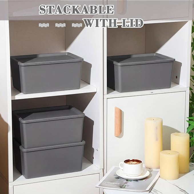 4 Pcs Storage Bins with Lids, Gray, Small | Plastic Stackable Organizing Containers, Heavy Duty Storage Boxes for Classroom Room Shelves, Christmas Ornaments Baskets - Image 3