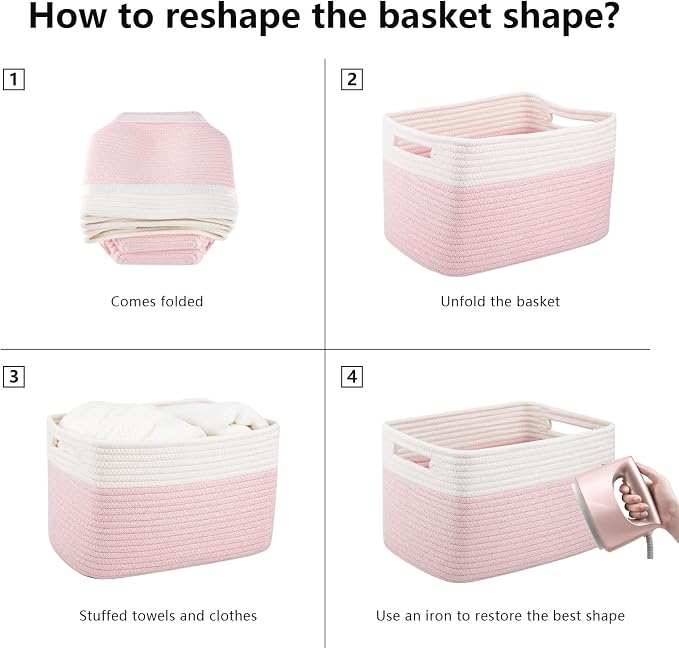 OIAHOMY 4 Pack Storage Basket, 13"x9"x7.8" Cotton Rope Baskets for Shelves, Closet Organizer for Bedroom & Living Room, Soft Decorative Bins for Organizing Towels, Books & Toys, Pink & White - Image 9