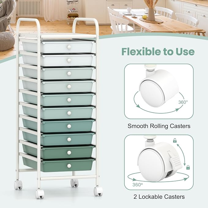 GOFLAME 10-Drawer Rolling Storage Drawer Cart, Utility Cart with Removable Drawers & Metal Frame, Mobile Art Craft Drawer Cart with Lockable Wheels for Home, Office, Studio, School, Green Gradient - Image 5