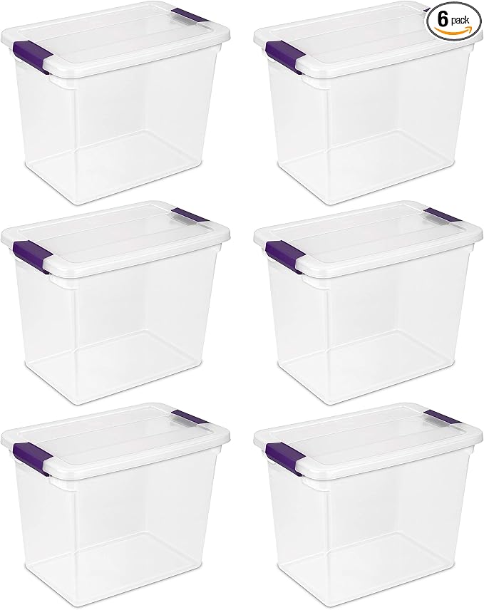 Sterilite Large Clip Box, Stackable Small Storage Bin with Latching Lid, Plastic Container to Organize Paper, Office, Clear Base and Lid (Pack of 6) | Clear Plastic Organizers with Color Accent Latches for Closet, Bedroom, Shelving Units, Dorm Room and... by Sterilite