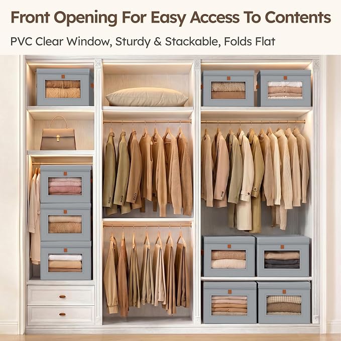 Storage Bins with Lids - Front Opening Storage Box with Clear Window & Handles, Stackable Foldable Fabric Bins for Closet Organization, Clothes, Sweaters, Towels, Blankets, 6 Pack, Grey - Image 2