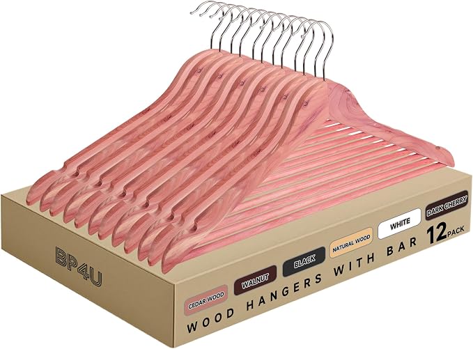 Wooden Clothes Hangers with Pants Bars, Cedar Wood, 12-Pack | Heavy Duty Solid Wood Suit & Coat Hangers with Swivel Hook & Shoulder Notches, for Shirts, Jackets, Dresses & Trousers by BP4U%E2%84%A2
