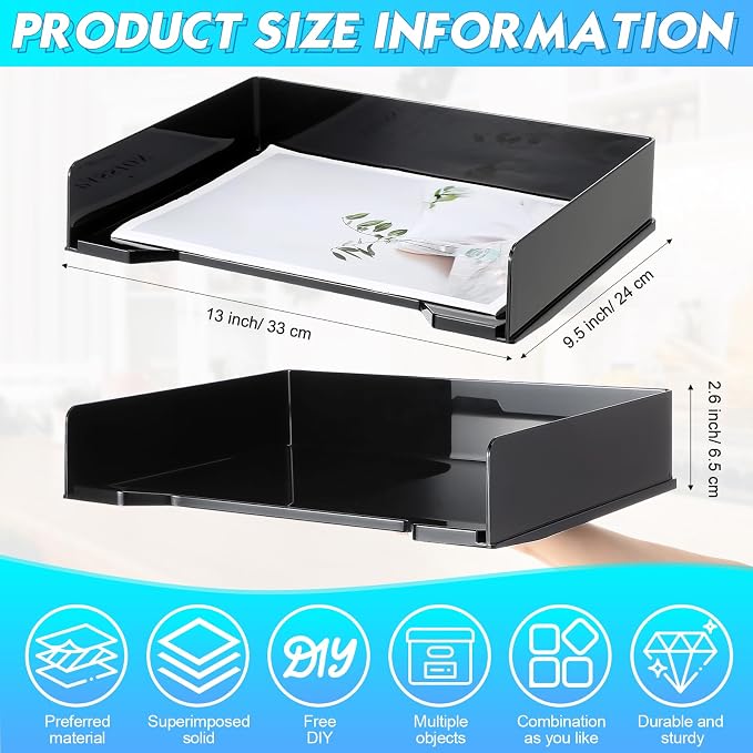 DoubleFill 4 Pcs Stackable Letter Tray Plastic Paper Tray, Black | 13 x 9.5 x 2.6 In, Rectangular, Paper Holder, File Tray for Desktop Office Desk Drawers - Image 2