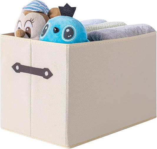 1 Pack Large Collapsible Storage Baskets for Shelves,14.9"x9.5" Fabric Closet storage Boxes with Leather Handles,Decorative Organizers Storage Bins for Clothes,Sheets,Toys,Books,Creamy-White by Yunkeeper