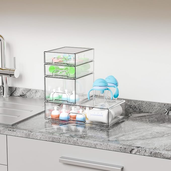 4 Pack Clear Stackable Storage Drawers,Pull-Out Medicine Cabinet Organizer and Containers,Large Acrylic Organizers Drawers and Bathroom Closet Organizers for Hair Accessories,Makeup Organizer - Image 8
