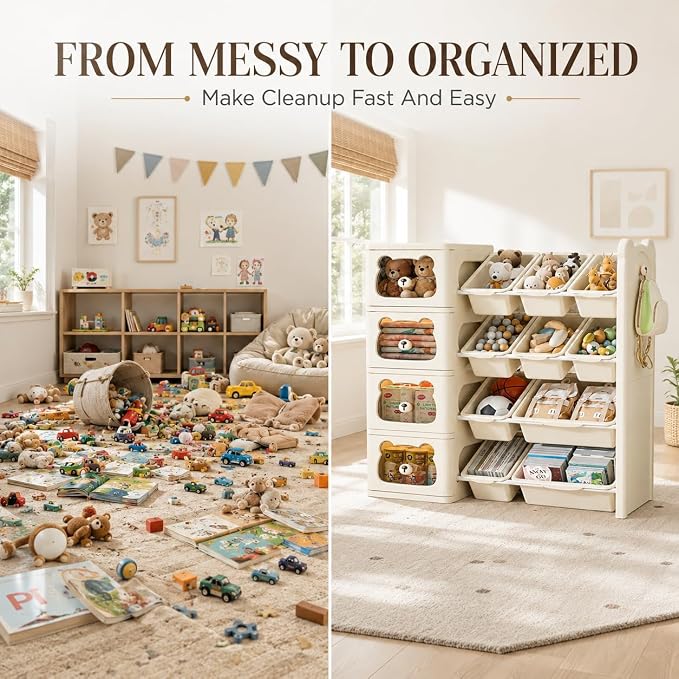 Toy Storage Organizer and Bookshelf, Large 4 Tier Book Shelf W/10 Toy Bins and 4 Drawers, Cute Bear Toy Organizers Box Bookcase for Nursery, Playroom, Bedroom, Kindergarten - Image 6