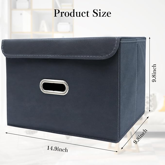 STOREONE Fabric Storage Cube Bins Foldable Organizer Container Collapsible Basket with Lids and Metal Handles, for Home, Bedroom, Closet 6 Pcs (Grey) - Image 2