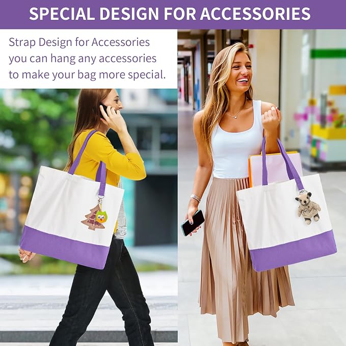 1 Pack Canvas Tote Bag with Zipper, Large Blank Grocery Tote, Purple | Reusable, washable, inner pocket, flat bottom, sturdy handle, for sublimation DIY/transfer, travel/beach/gift/Christmas craft - Image 2
