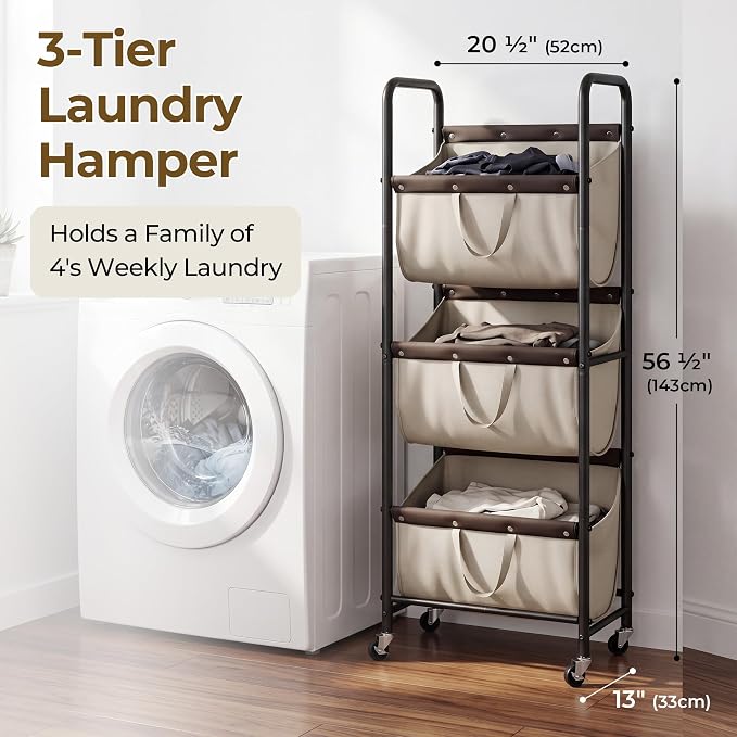 GRANNY SAYS 3 Tiered Laundry Sorter, Narrow Hamper Cart with Wheels | Sturdy 3 Section Laundry Basket with Wheels, Vertical Light Kahki Hamper Cart for Bedroom, Bathroom, Apartment - Image 2